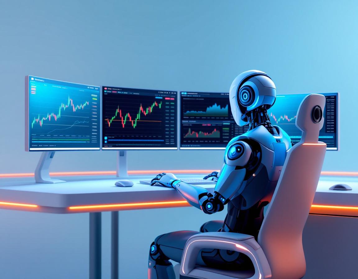 A hyper-realistic AI trading bot at a high-tech desk, analyzing market data with multiple screens.