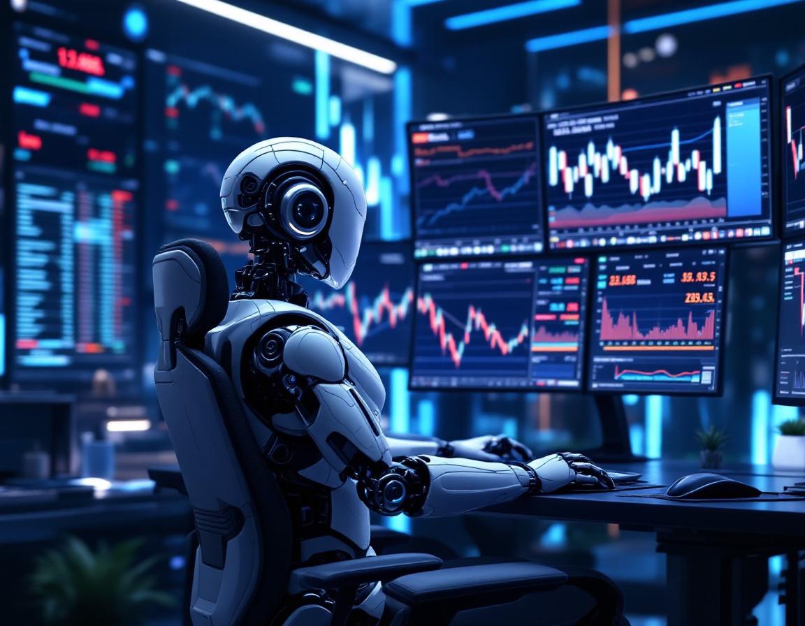 A hyper-realistic AI trading bot at a workstation, analyzing market data across multiple screens.