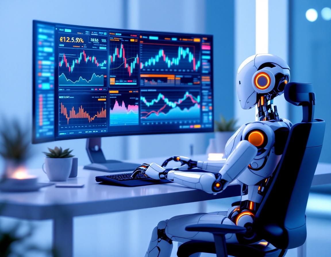 A futuristic scene with a humanoid AI trading bot at a high-tech workstation analyzing market data.