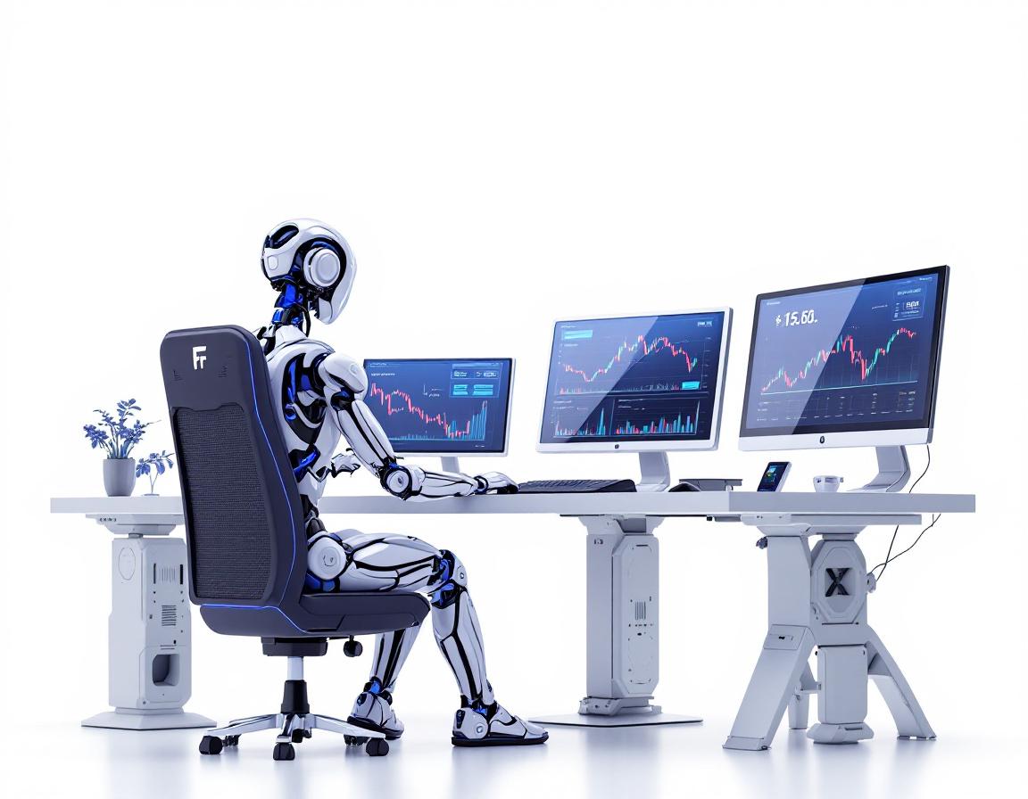 A humanoid AI trading bot at a high-tech workstation analyzes market data on multiple screens in 3D.