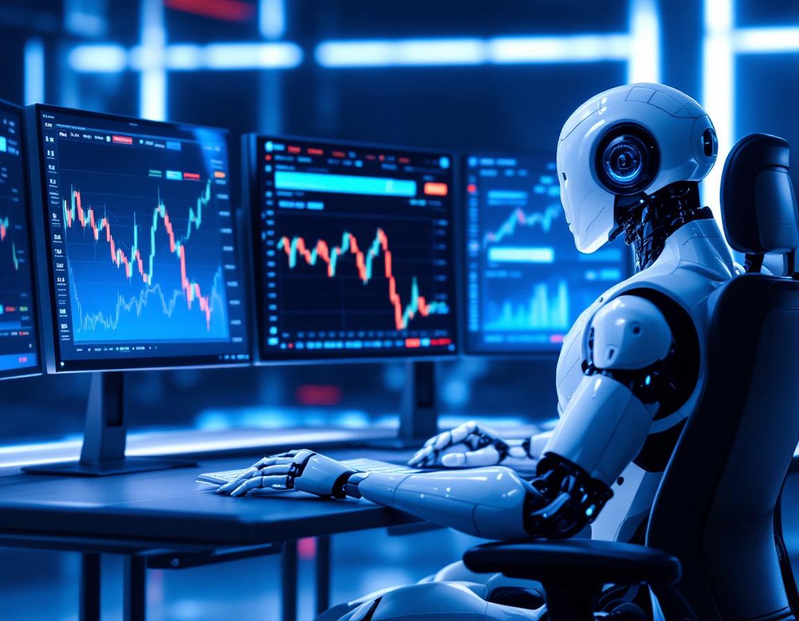 A hyper-realistic AI trading bot at a workstation, analyzing market data on multiple screens.