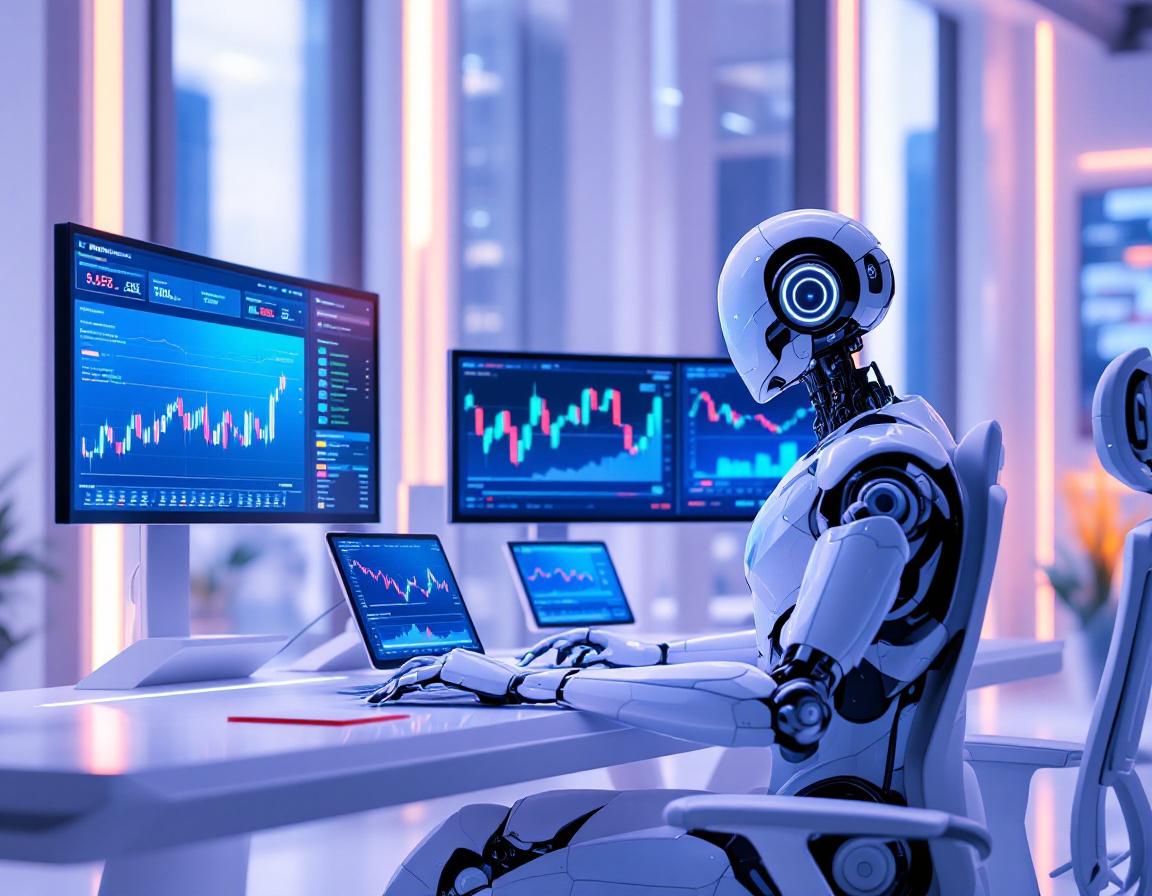 A hyper-realistic AI trading bot at a workstation, analyzing market data, in a futuristic setting.
