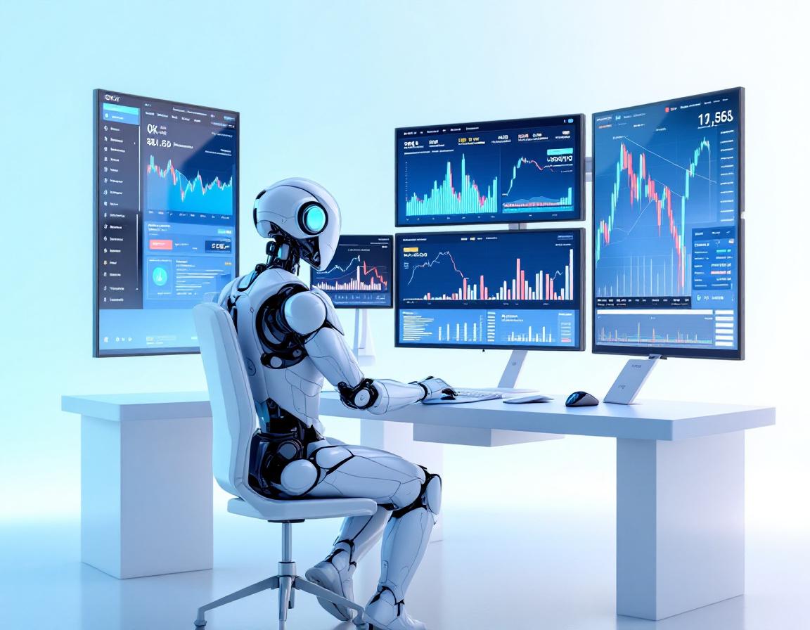 A humanoid AI trading bot analyzes market data at a high-tech workstation with glowing screens.