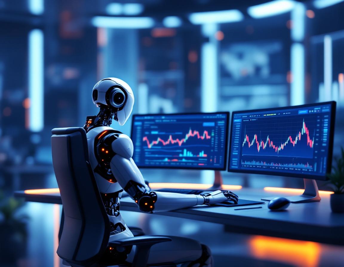 A humanoid AI trading bot analyzes market data at a futuristic workstation with glowing screens.