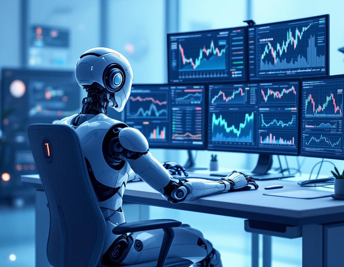A hyper-realistic AI trading bot analyzes market data at a sleek workstation with multiple screens.