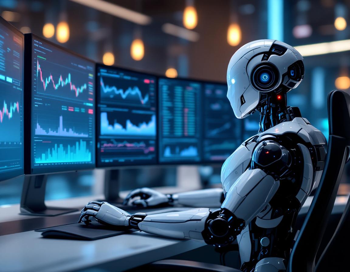 A hyper-realistic AI trading bot at a futuristic workstation analyzing crypto and stock market data.