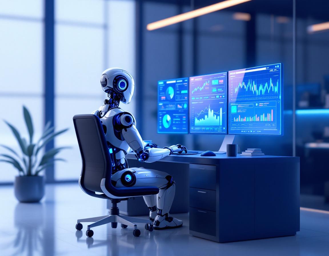 A hyper-realistic AI trading bot at a workstation analyzing market data on multiple screens.