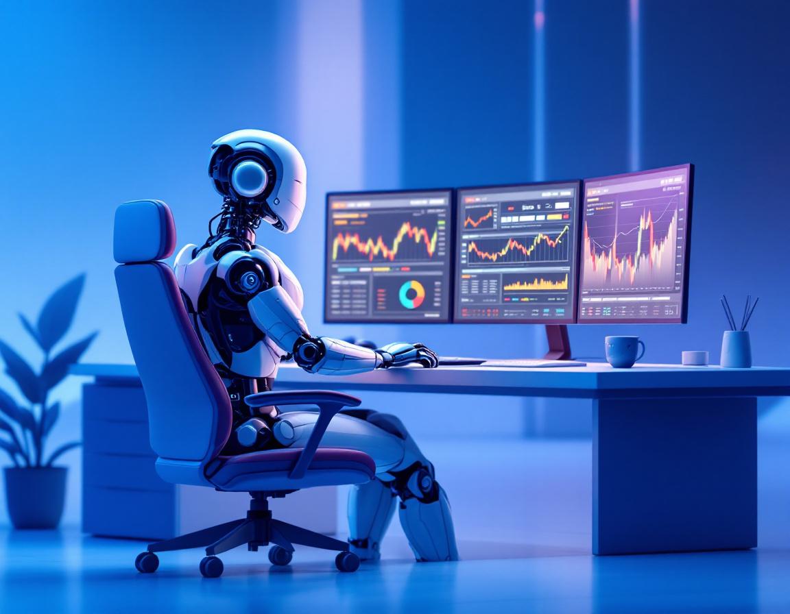 A futuristic AI trading bot at a high-tech workstation analyzing market data on multiple screens.