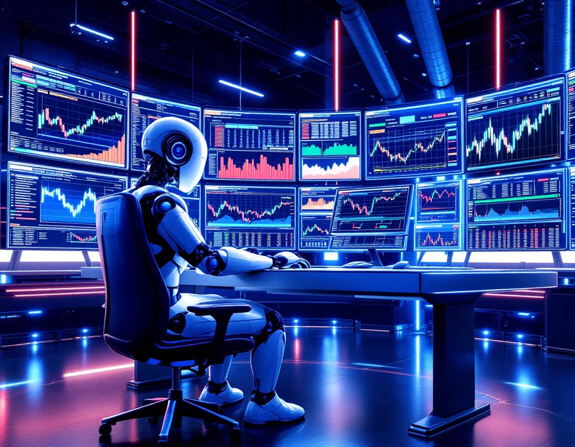 A humanoid AI trading bot at a futuristic workstation analyzing market data on multiple screens.