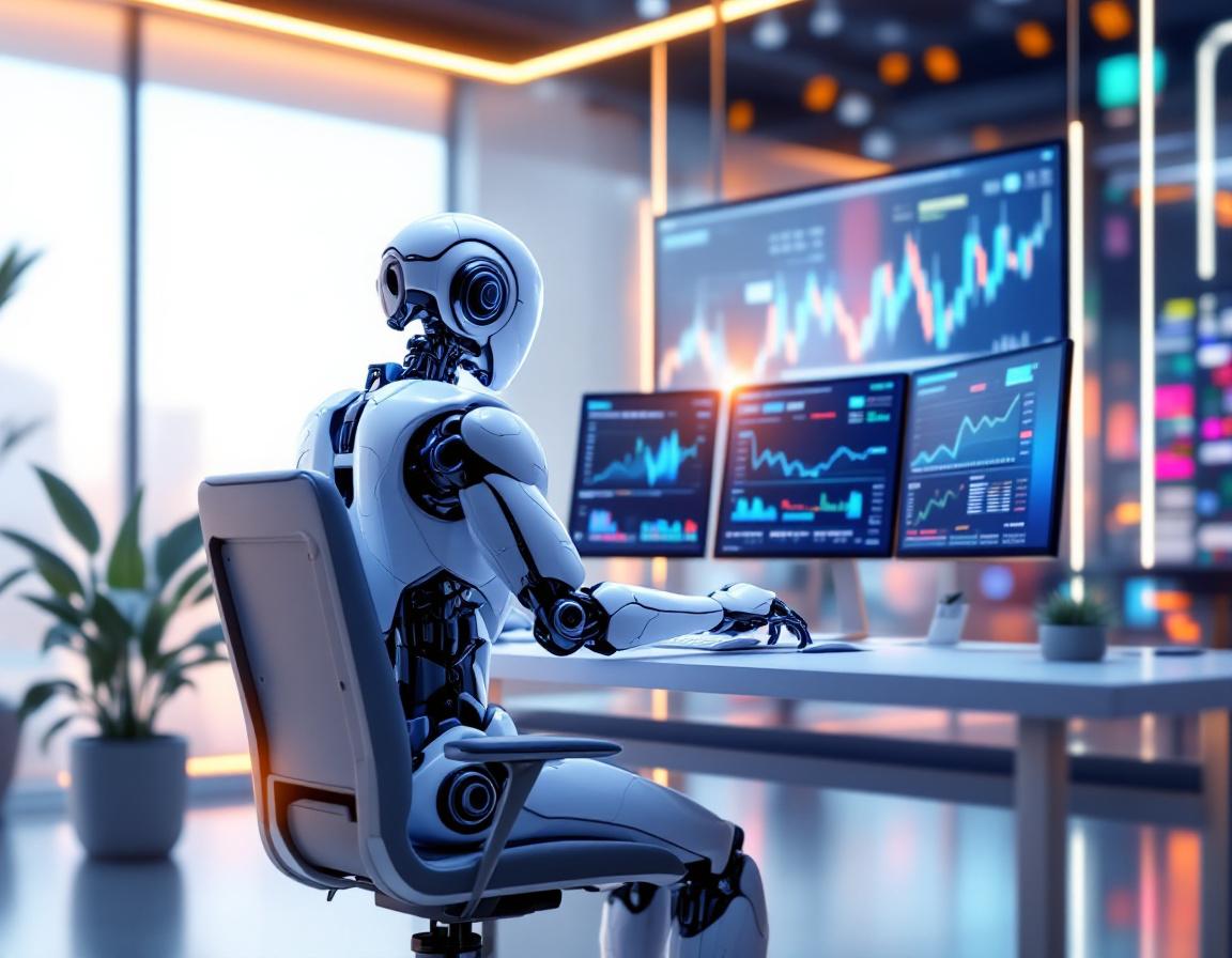 A humanoid AI trading bot analyzes market data at a high-tech workstation amid a futuristic setting.