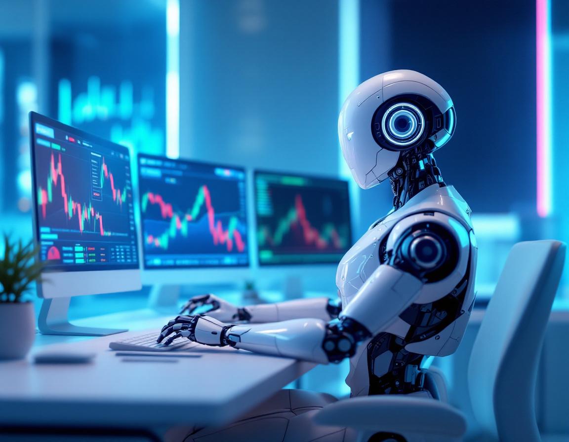 A humanoid AI trading bot at a sleek workstation analyzes stock and crypto data on multiple screens.