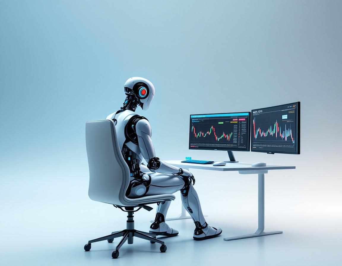 A hyper-realistic AI trading bot analyzing market data at a futuristic high-tech workstation.