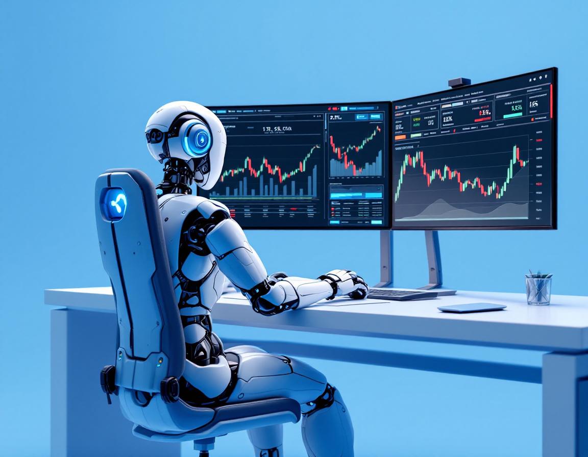 A hyper-realistic AI trading bot at a high-tech workstation analyzing stock and crypto market data.