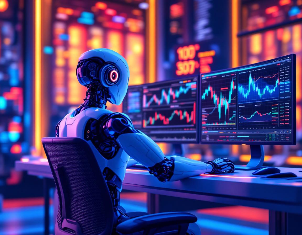 A hyper-realistic AI trading bot at a high-tech workstation analyzing data on multiple screens.