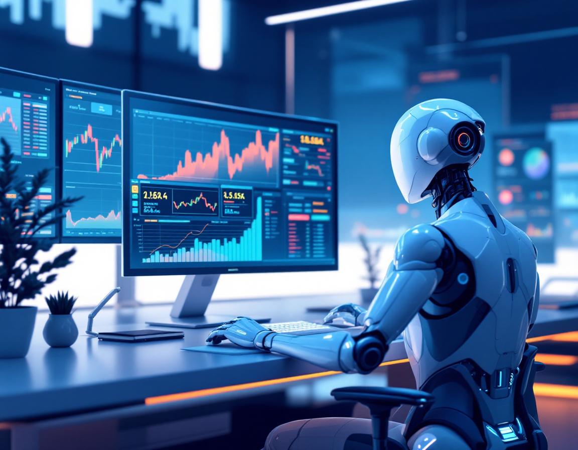 A hyper-realistic AI trading bot at a futuristic workstation analyzing stock and crypto market data.