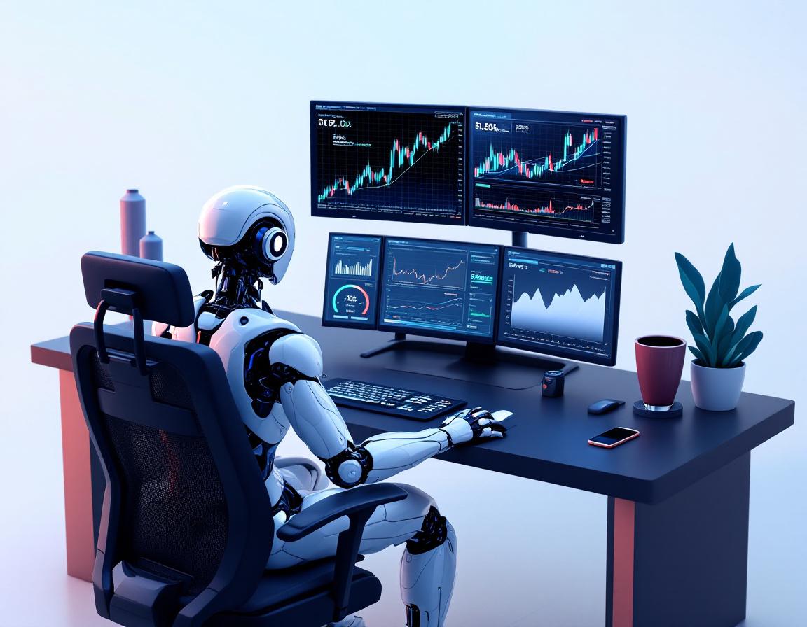 A sleek humanoid AI trading bot in a futuristic workspace analyzing data across multiple screens.