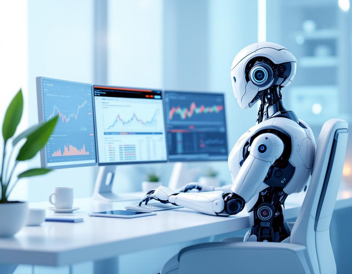 A hyper-realistic AI trading bot at a workstation, analyzing market data on multiple screens.