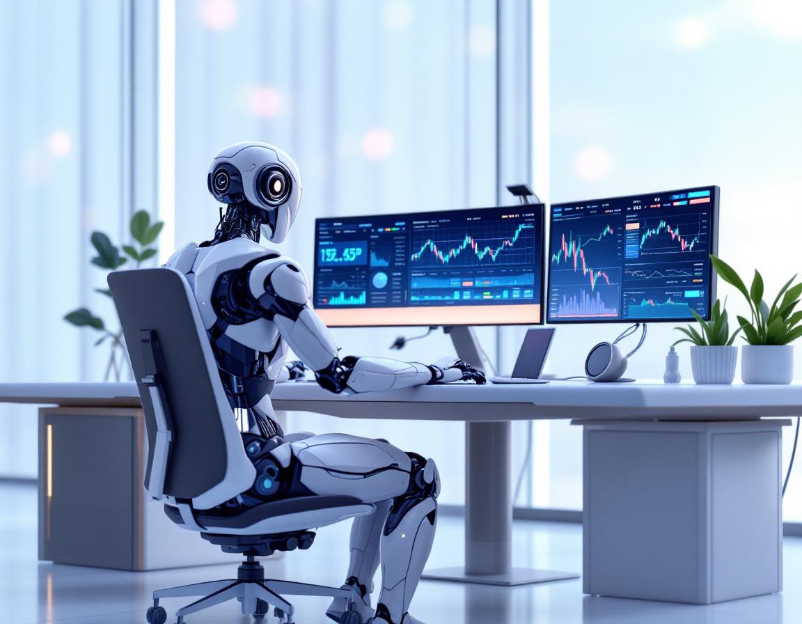 A hyper-realistic AI trading bot at a high-tech workstation analyzing stock and crypto market data.