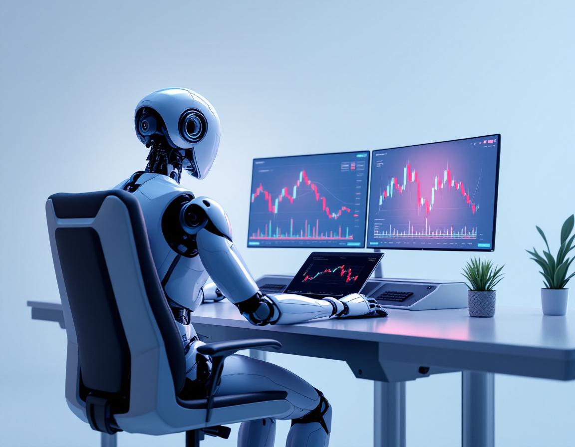 A humanoid AI trading bot analyzes market data at a high-tech workstation surrounded by screens.