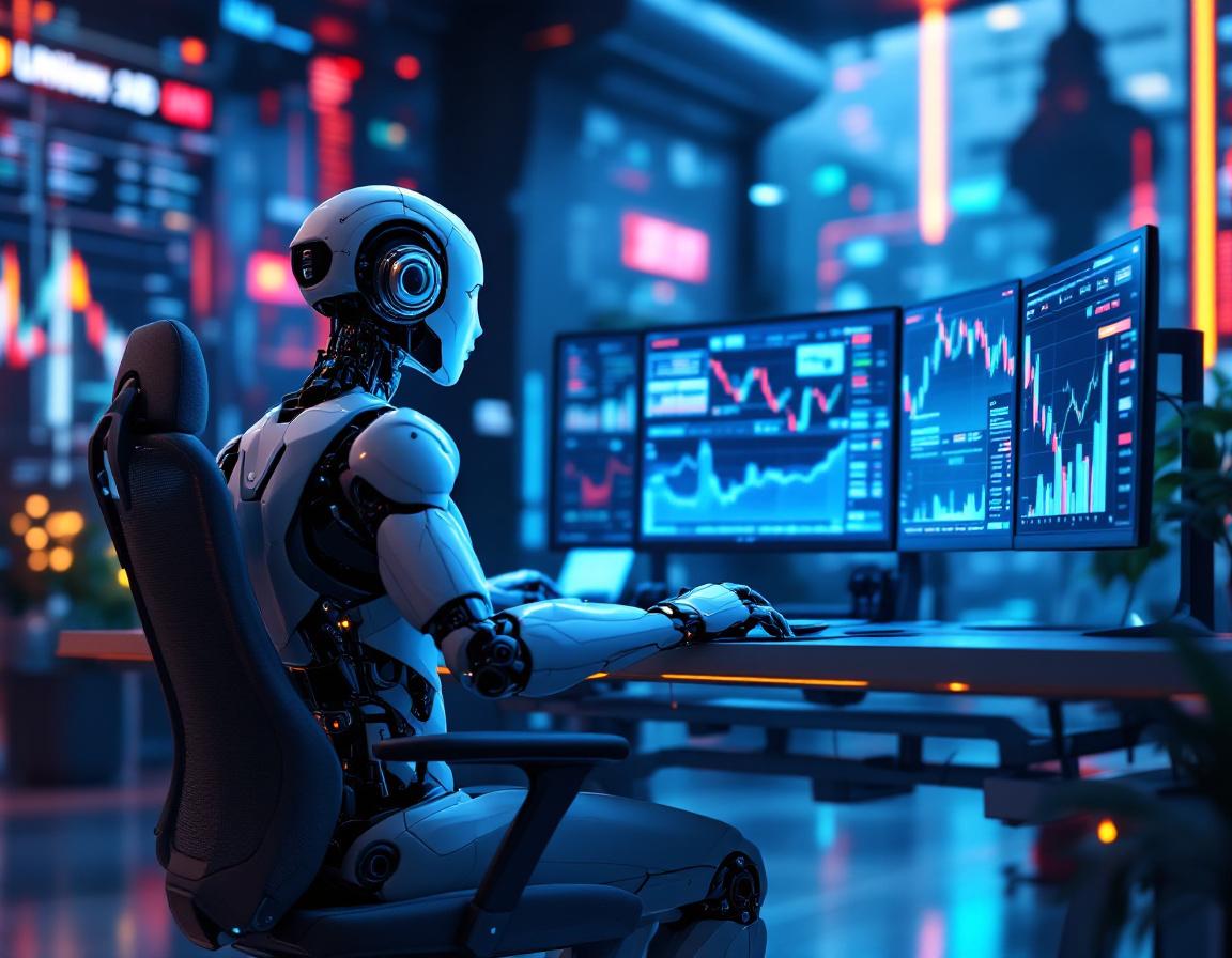 Hyper-realistic AI trading bot in a futuristic workspace, analyzing market data on multiple screens.