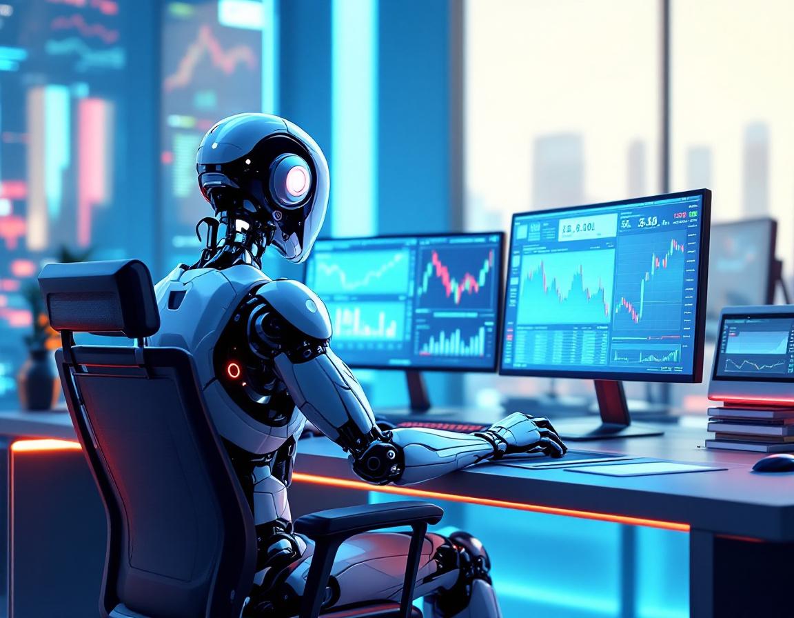 A hyper-realistic AI trading bot at a high-tech workstation analyzing stock and crypto market data.