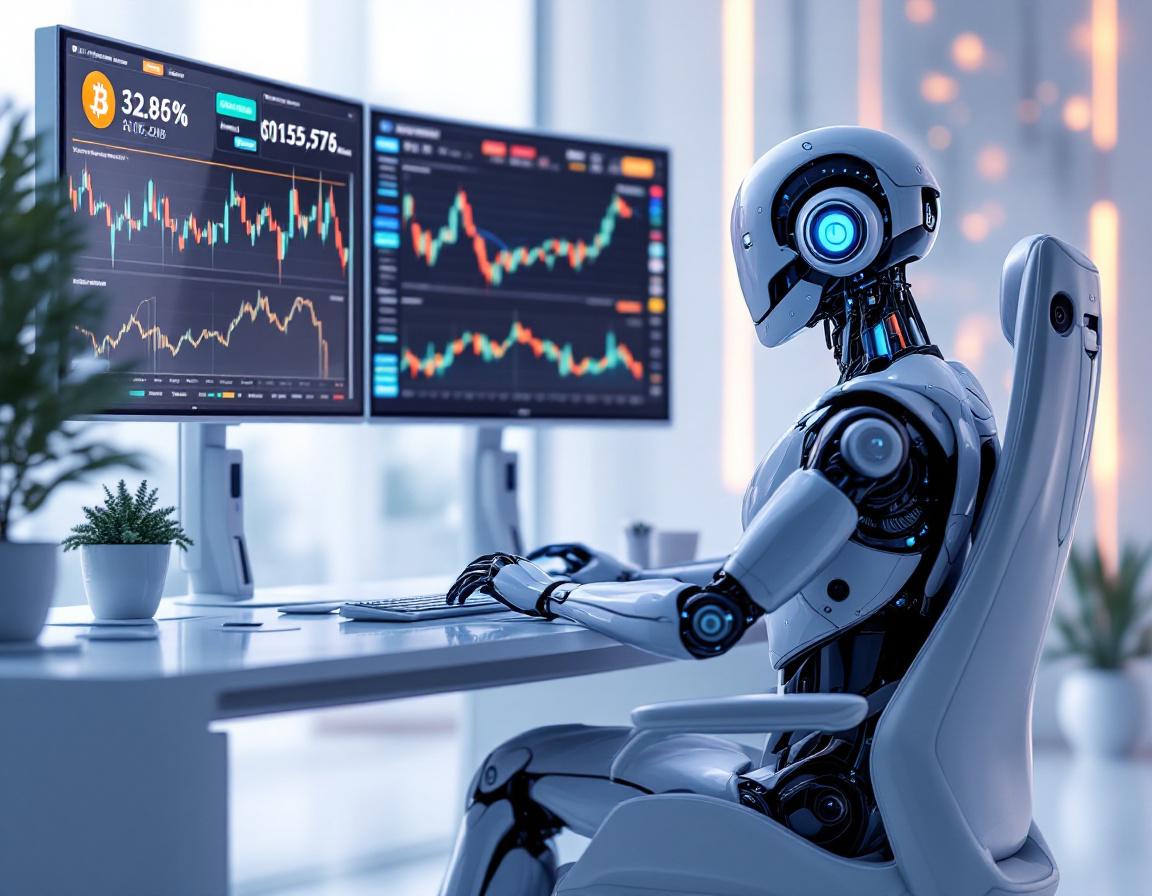 Hyper-realistic AI trading bot at a high-tech workstation, analyzing crypto and stock market data.
