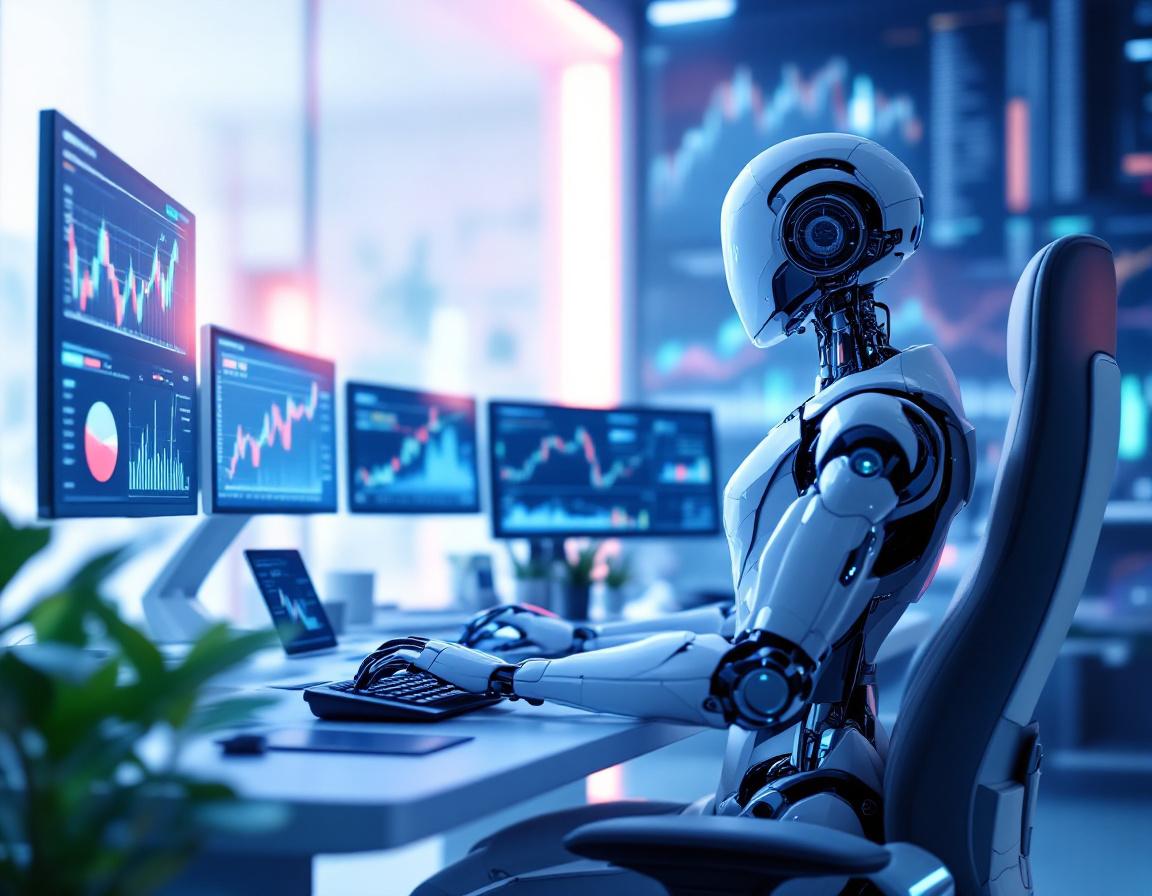 A sleek, humanoid AI trading bot at a workstation, analyzing market data across multiple screens.