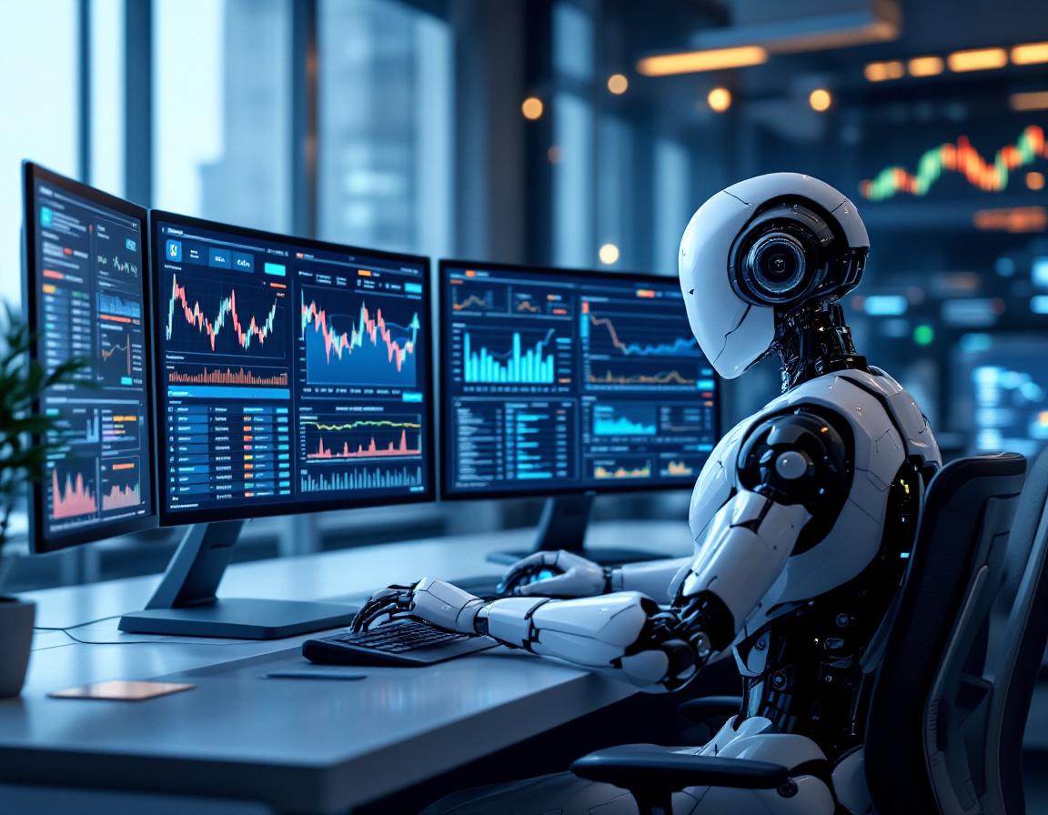 A hyper-realistic AI trading bot analyzes market data on multiple screens in a futuristic setting.