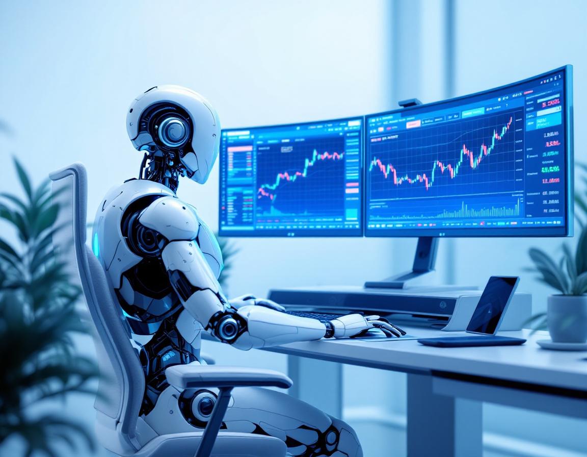 A hyper-realistic AI trading bot at a high-tech workstation analyzing stock and crypto market data.