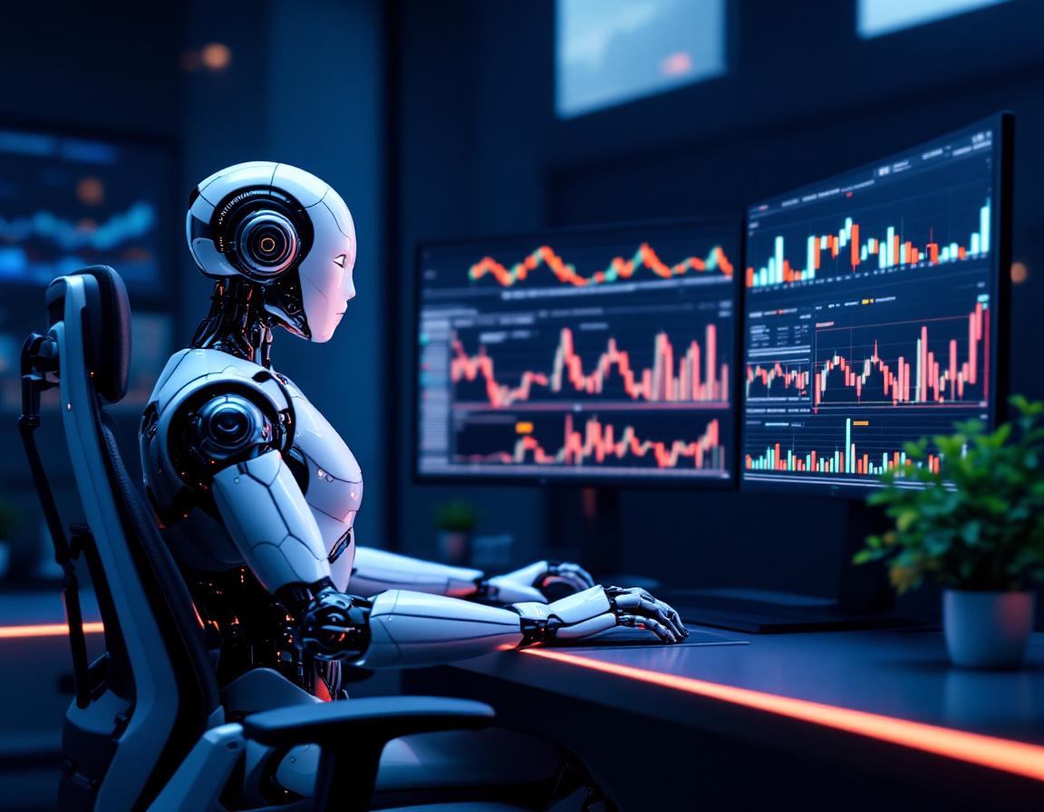 A humanoid AI trading bot at a high-tech workstation analyzing market data on multiple screens.