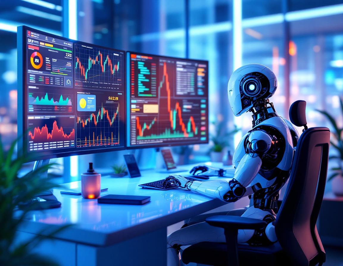 A hyper-realistic AI trading bot at a high-tech workstation analyzing stock and crypto data trends.