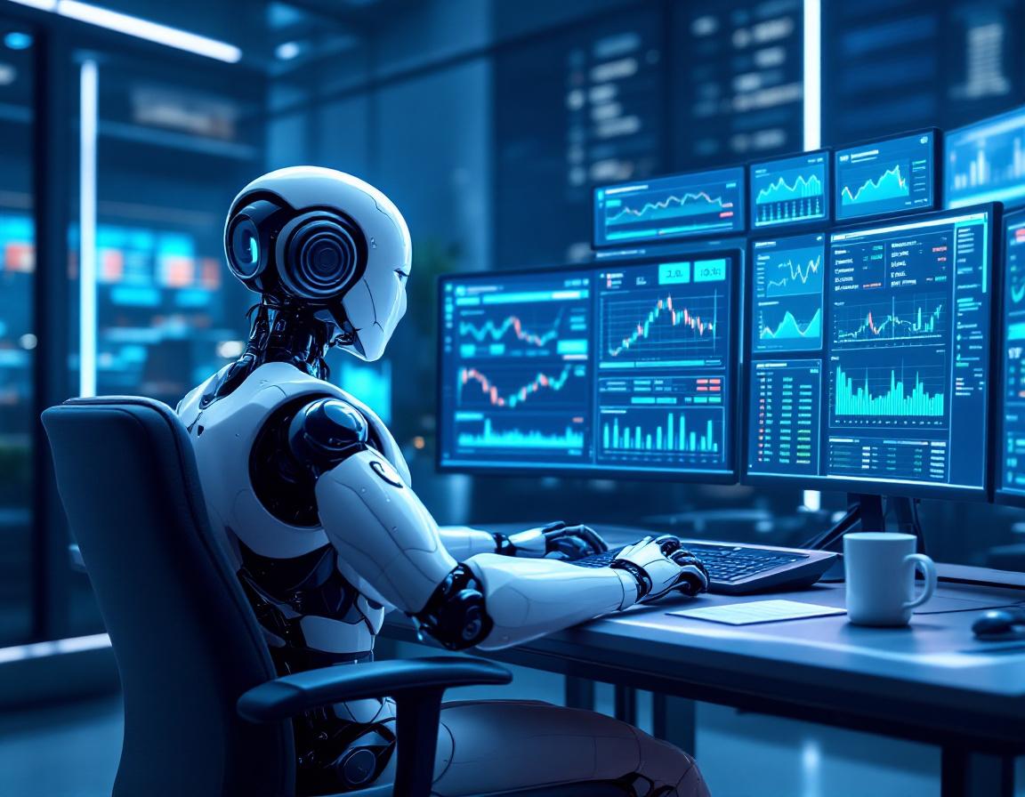 A futuristic AI trading bot at a workstation, analyzing stock and crypto data on multiple screens.