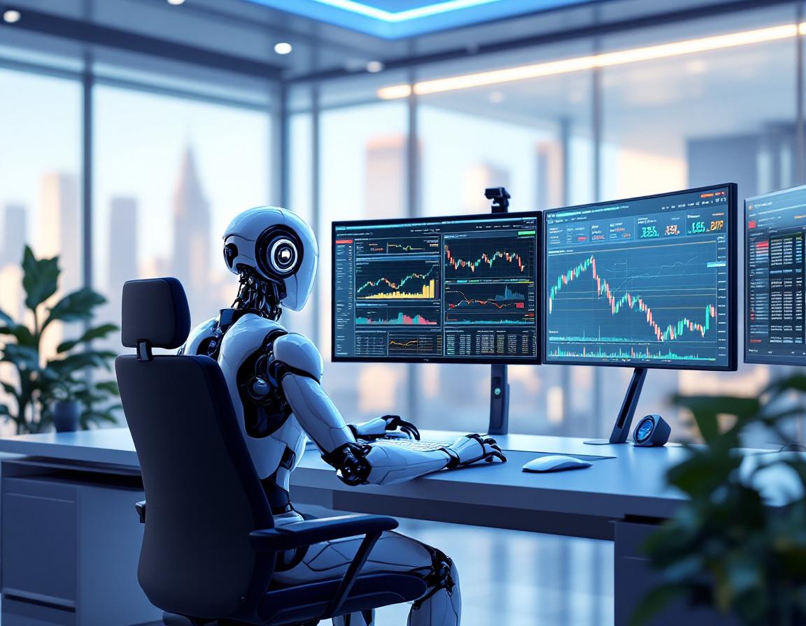 A humanoid AI trading bot operates at a futuristic workstation, analyzing market data and trends.