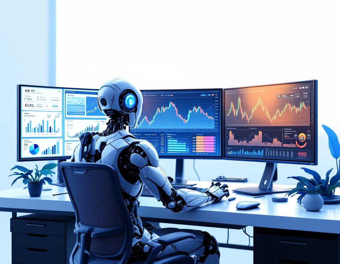 A hyper-realistic AI trading bot at a high-tech workstation analyzing stock and crypto data screens.