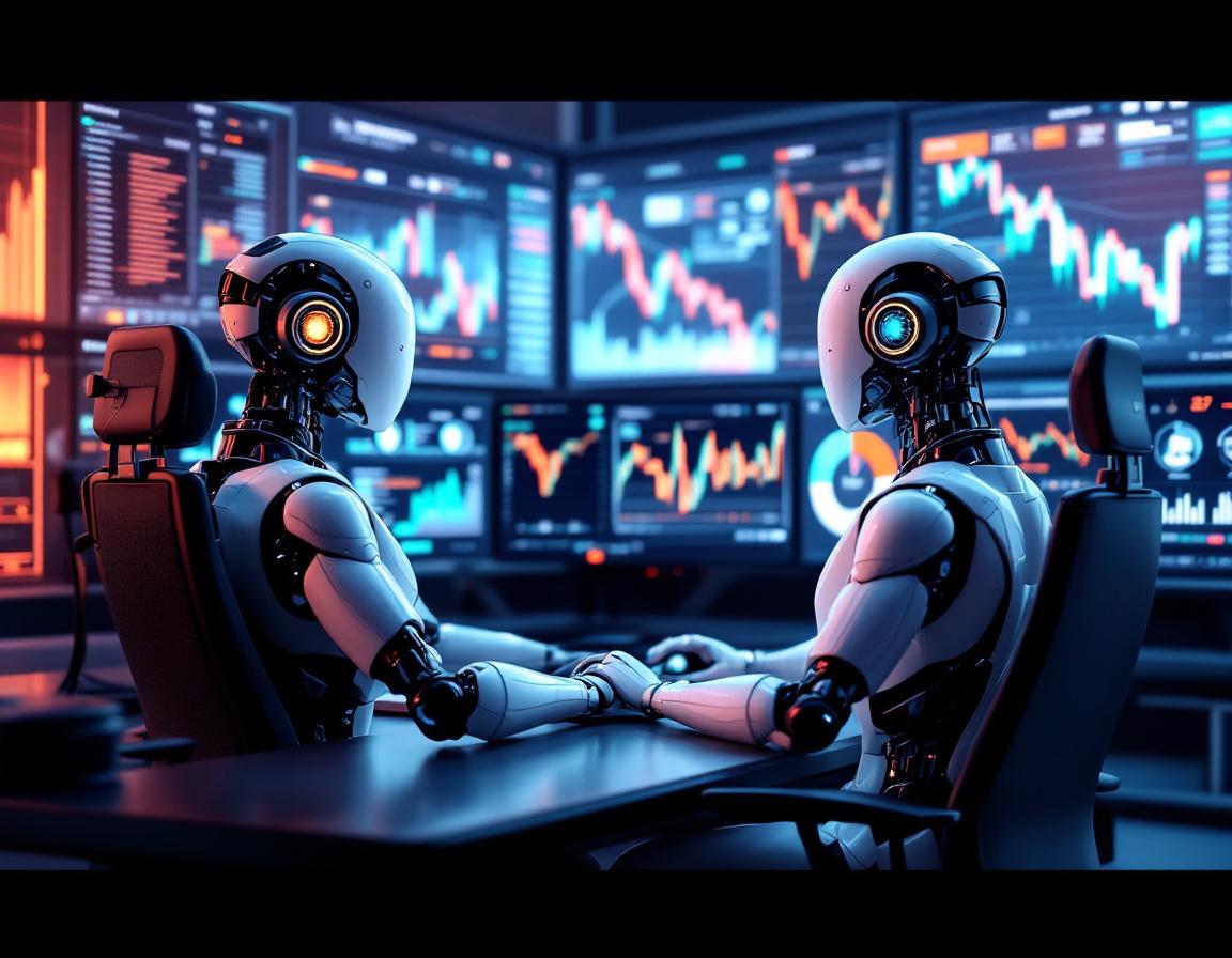 A hyper-realistic AI trading bot seated at a workstation, analyzing multiple market data screens.