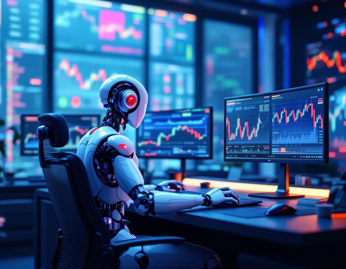 A hyper-realistic AI trading bot at a high-tech workstation, analyzing crypto and stock market data.