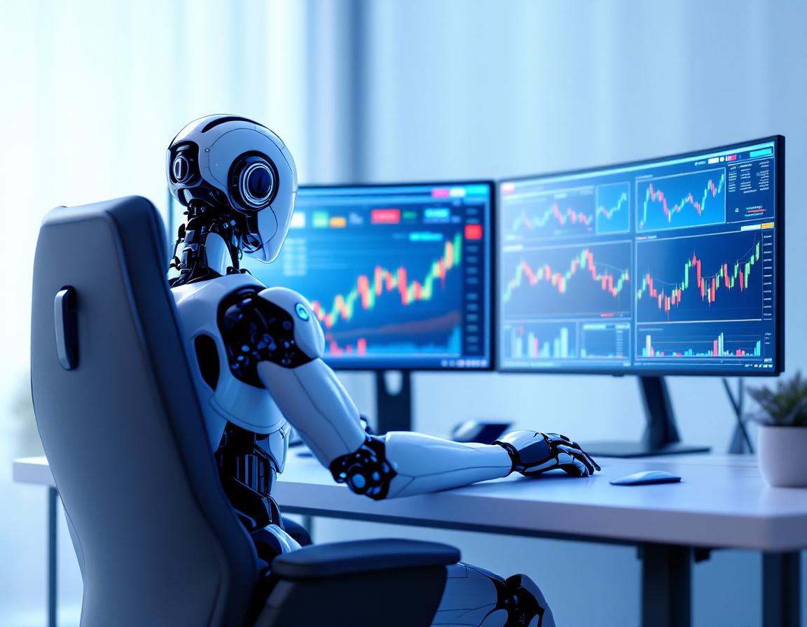 A hyper-realistic AI trading bot analyzes data at a sleek workstation with multiple market screens.
