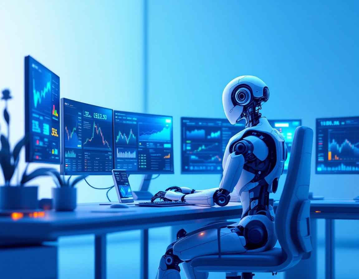 A futuristic AI trading bot analyzes market data at a high-tech workstation with glowing screens.