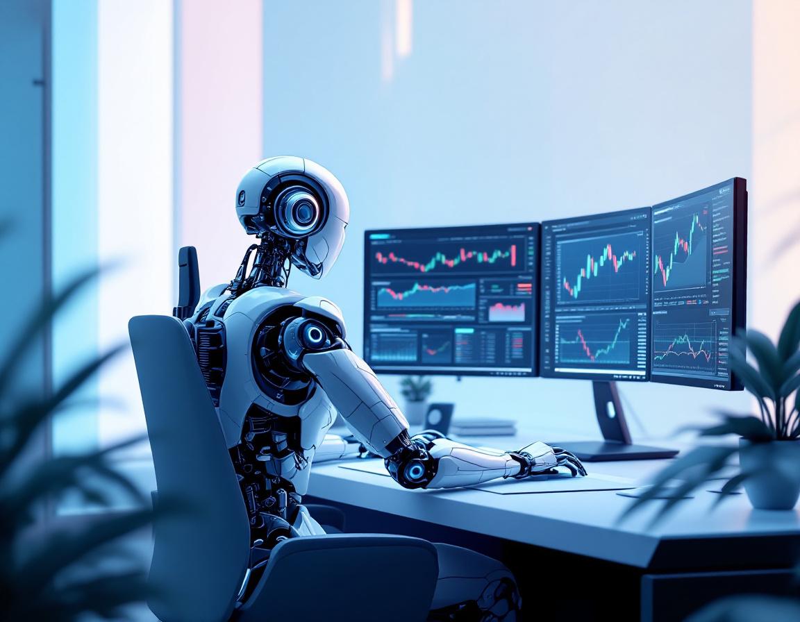 A humanoid AI trading bot at a workstation, analyzing market data on multiple glowing screens.