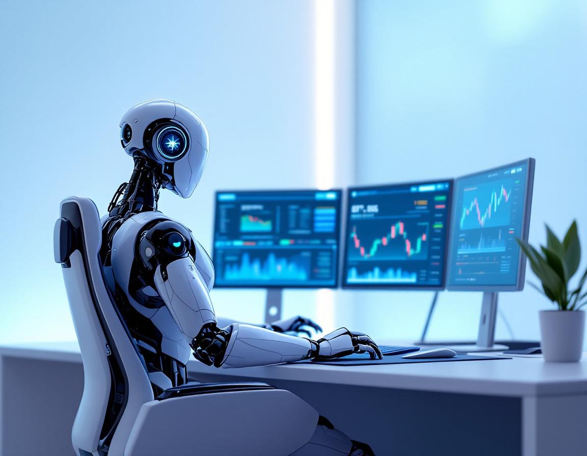 A sleek, humanoid AI trading bot analyzes data on multiple screens in a sophisticated workspace.