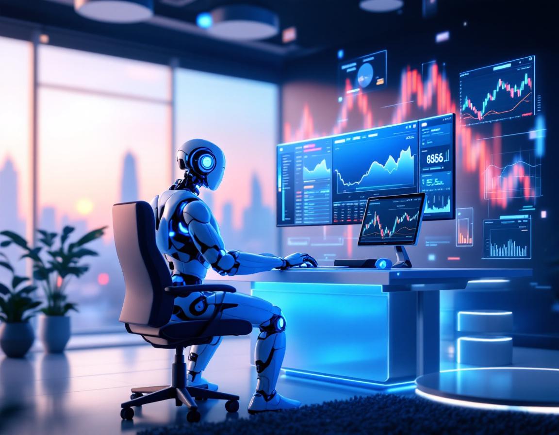 A hyper-realistic AI trading bot at a high-tech workstation analyzing stock and crypto market data.