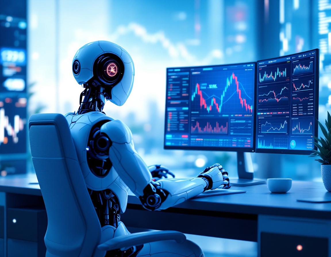 A humanoid AI trading bot analyzes market data on screens in a futuristic financial setting.