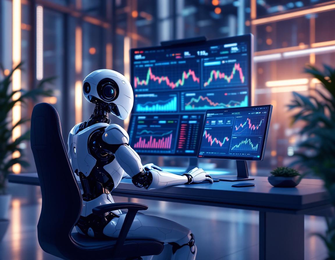 A hyper-realistic AI trading bot at a workstation analyzing crypto market data on multiple screens.