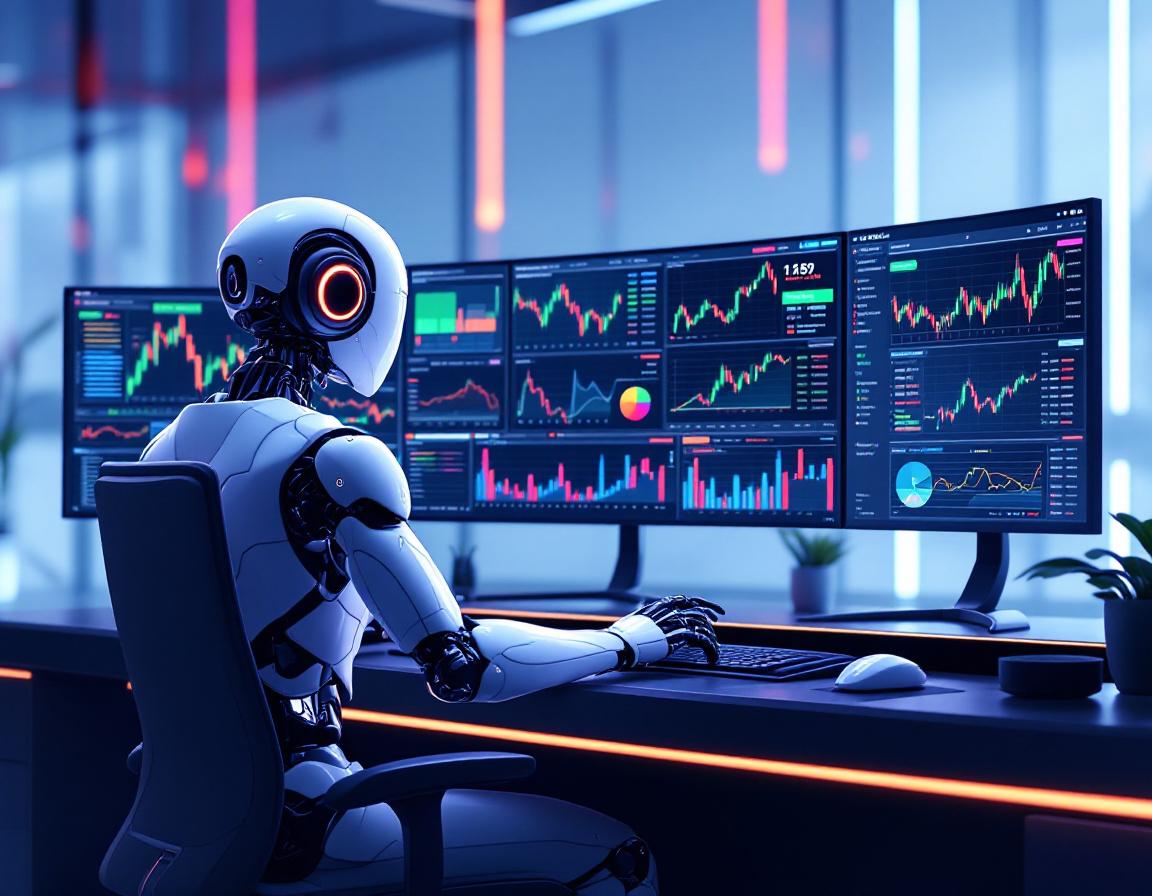 A hyper-realistic AI trading bot in a high-tech workstation analyzing stock and crypto market data.
