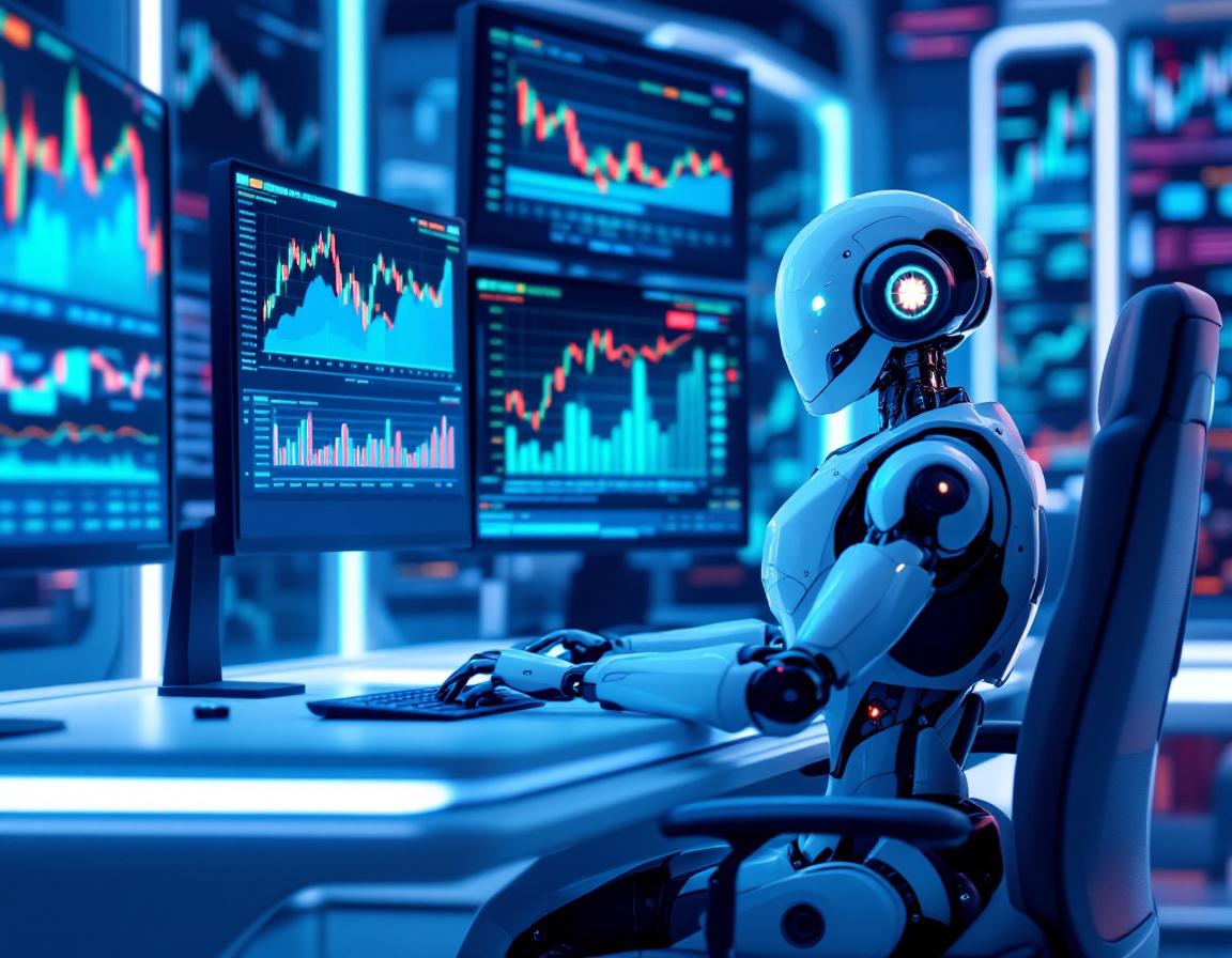 A humanoid AI trading bot at a high-tech workstation, examining market data on multiple screens.