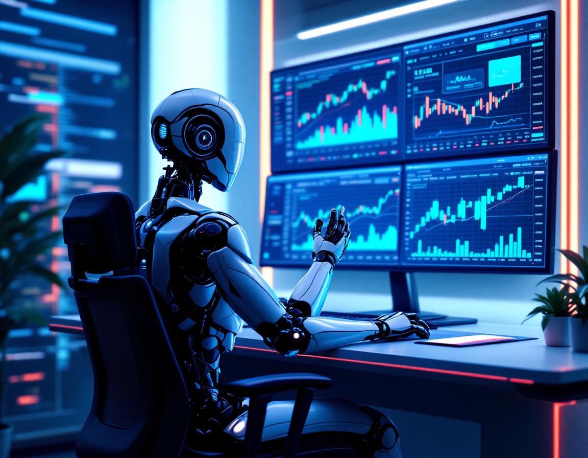 A hyper-realistic AI trading bot at a futuristic workstation analyzing crypto and stock market data.