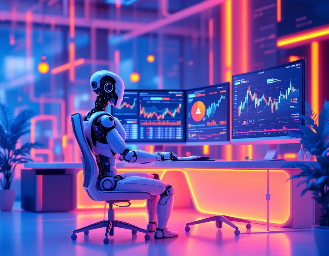 A humanoid AI trading bot analyzes data at a futuristic workstation with multiple glowing screens.