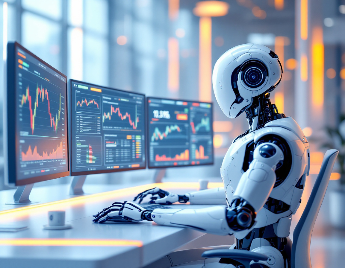 A humanoid AI trading bot analyzes market data at a futuristic workstation with multiple screens.