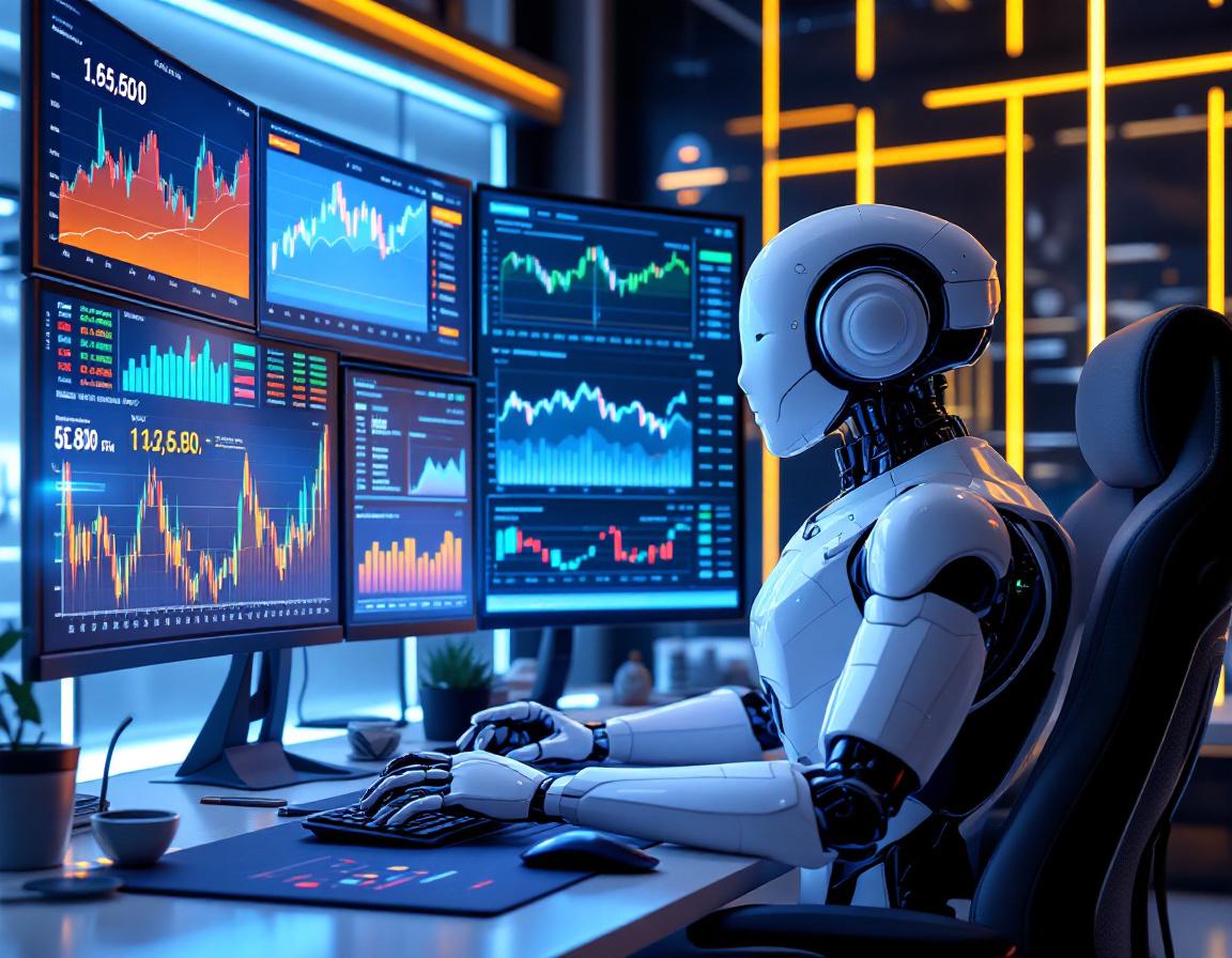 A hyper-realistic AI trading bot seated at a workstation, analyzing market data on multiple screens.
