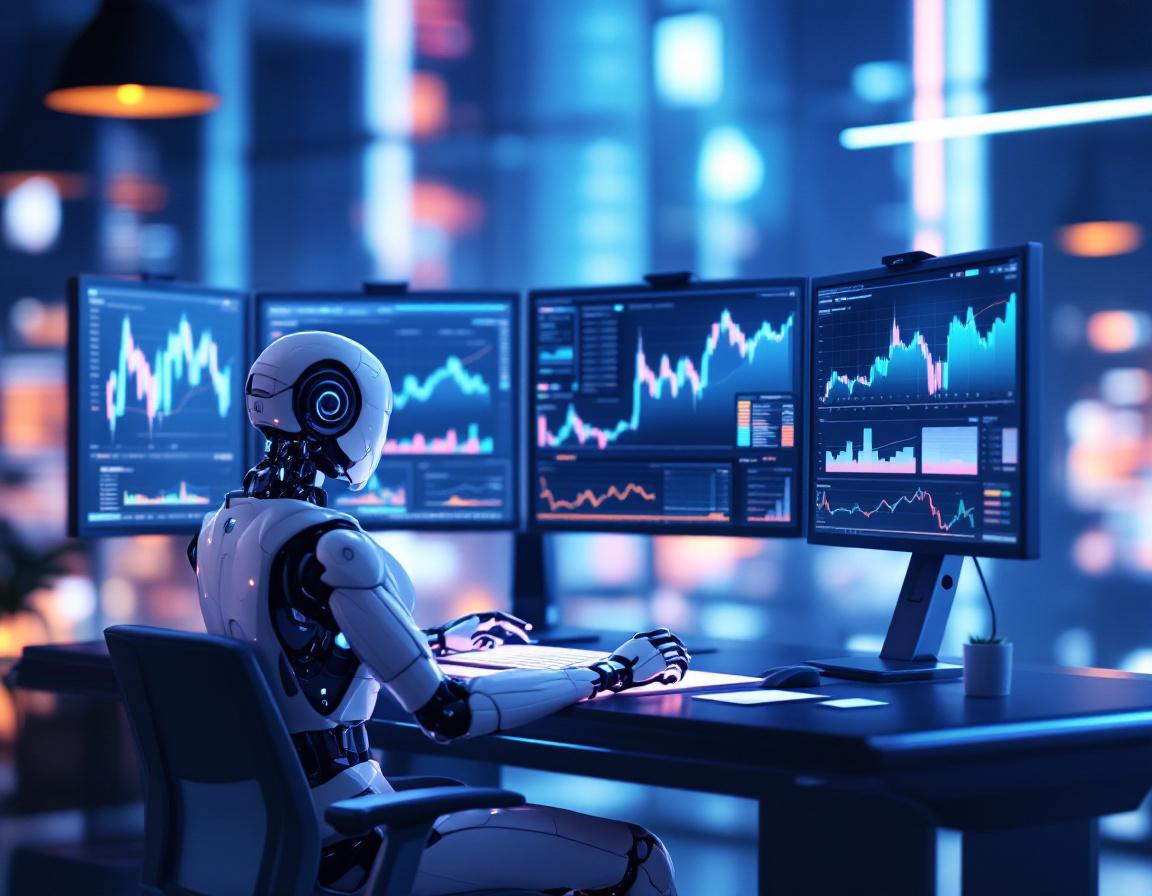 A humanoid AI trading bot in a high-tech workstation analyzing market data across multiple screens.
